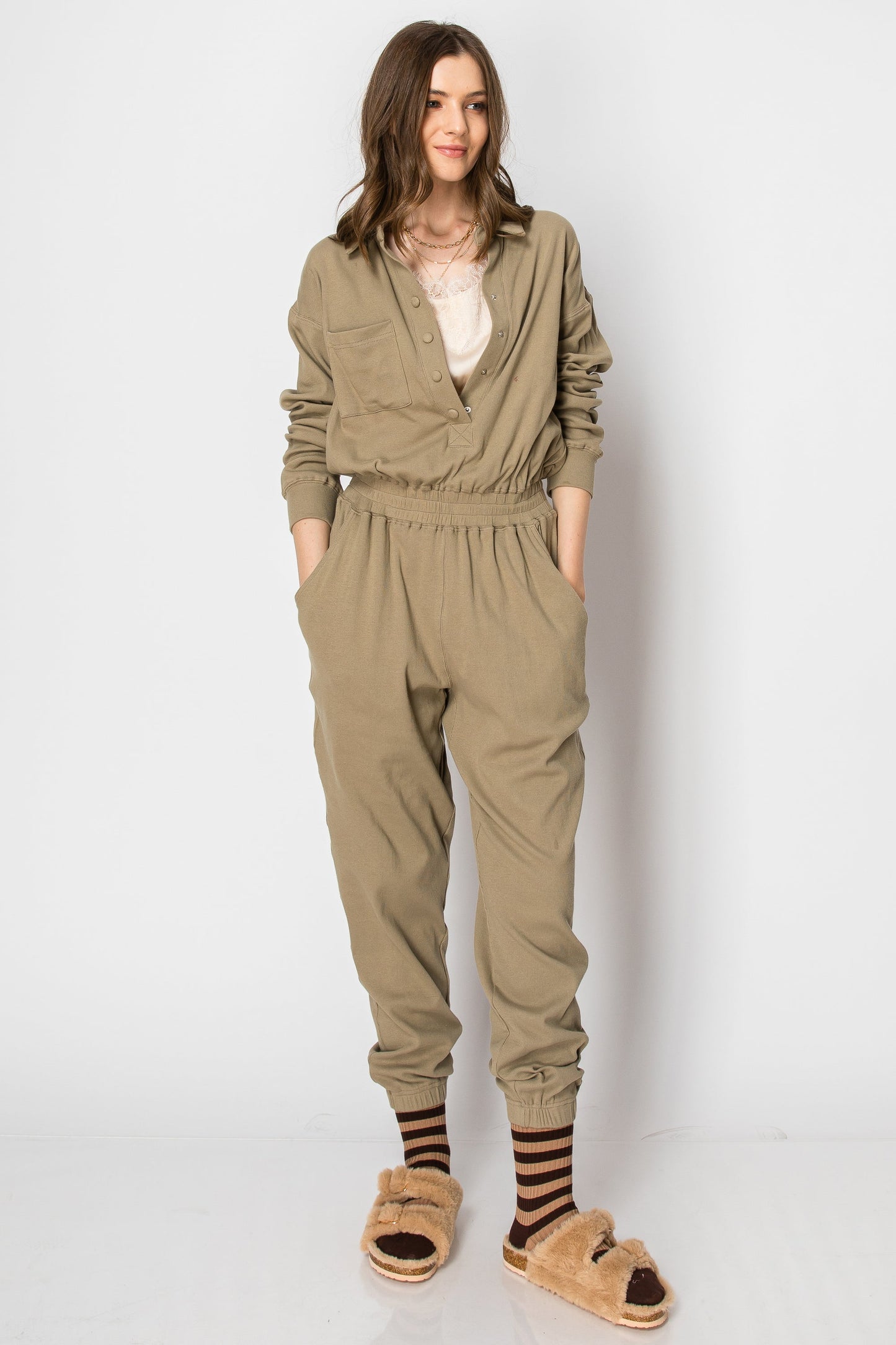 LONG SLEEVE COTTON RIBBED SNAP BUTTON COLLARED JUMPSUIT