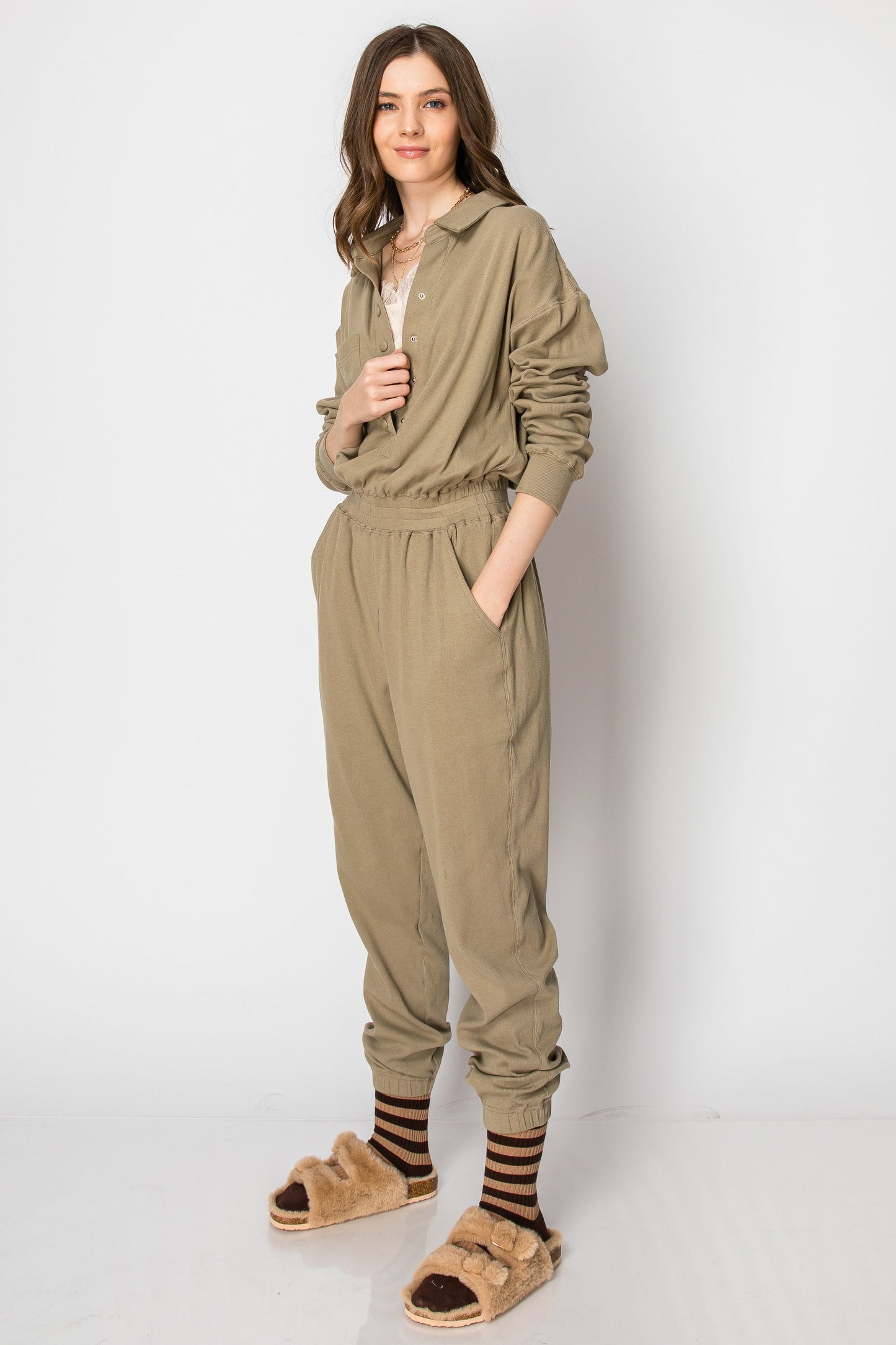 LONG SLEEVE COTTON RIBBED SNAP BUTTON COLLARED JUMPSUIT