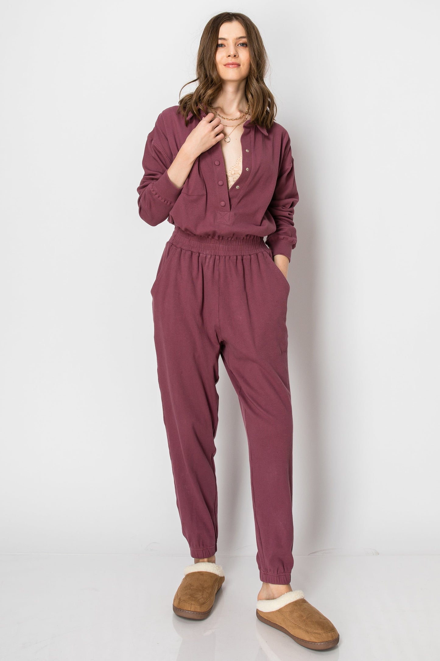 LONG SLEEVE COTTON RIBBED SNAP BUTTON COLLARED JUMPSUIT