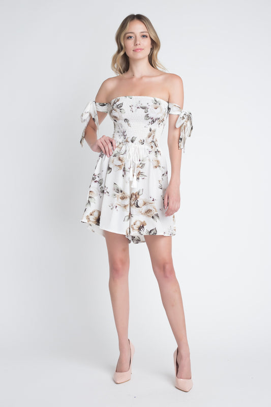 Women's Off Shoulder Smocked Floral Tie Romper