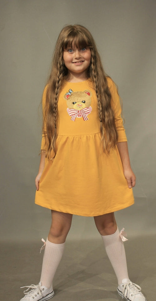 Long Sleeve Girl's Dress with Soft Fur Bear Applique