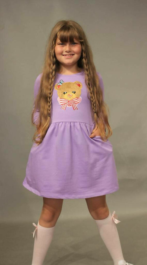 Long Sleeve Girl's Dress with Soft Fur Bear Applique